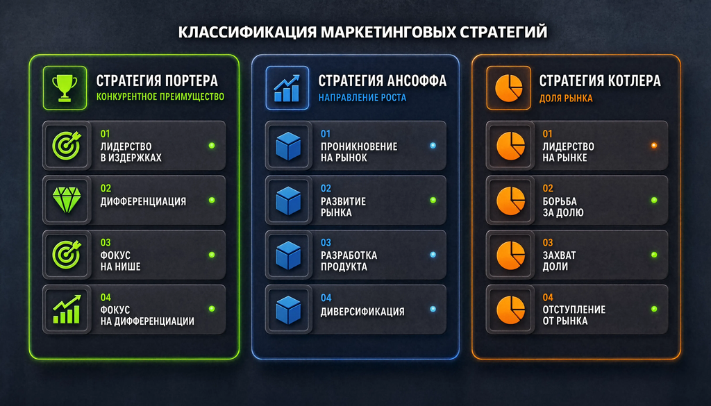 Сравнительная иллюстрация трех классификаций маркетинговых стратегий: Портера (конкурентное преимущество), Ансоффа (направление роста) и Котлера (доля рынка) с вариантами применения.
