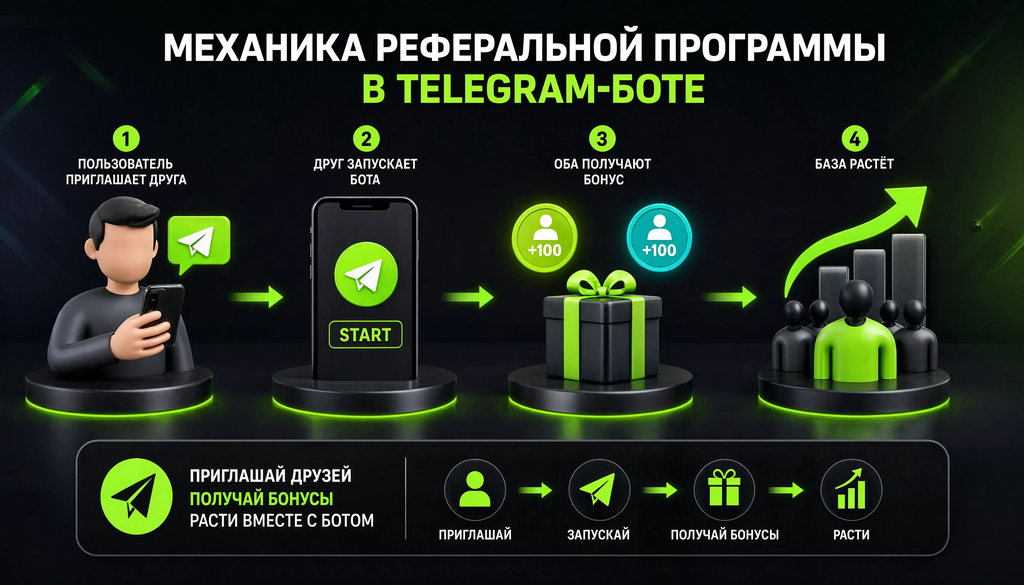 Инфографика реферальной программы в Telegram-боте: пользователь приглашает друга, друг запускает бота, бонус получают оба, рост базы пользователей.