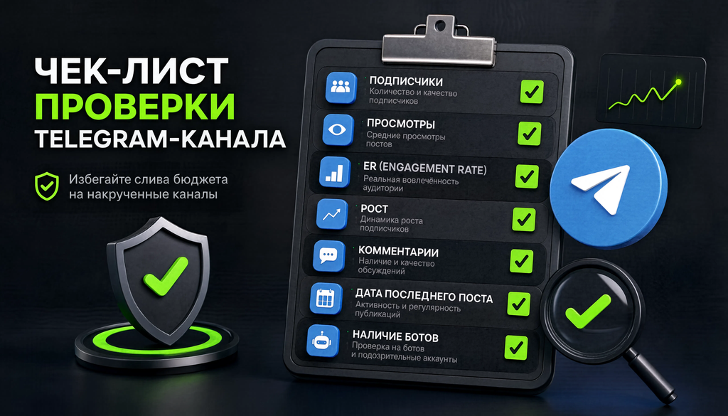 Инфографика: чек-лист проверки Telegram-канала перед закупкой рекламы &mdash; подписчики, просмотры, ER, рост, комментарии, дата последнего поста, наличие ботов