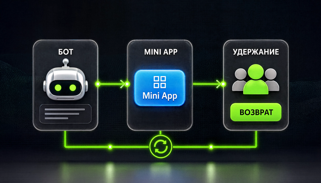 Схема связки бот -> Mini App -> удержание пользователей, показывающая важность бота-обёртки
