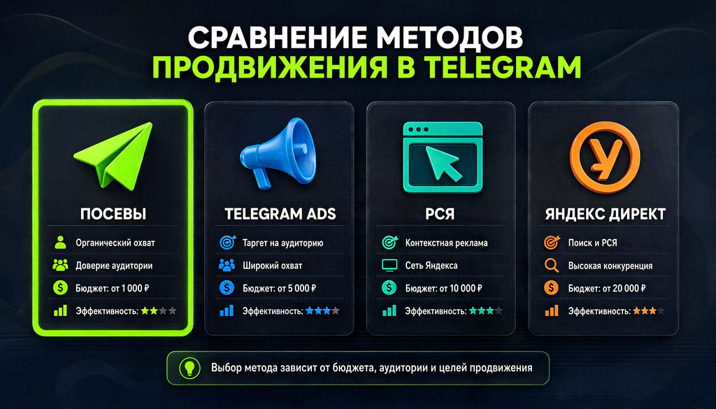 Сравнение платных методов продвижения в Telegram: посевы, Telegram Ads, РСЯ, Яндекс Директ по стоимости, управляемости, порогу входа и охвату. Визуал помогает выбрать метод под бюджет.