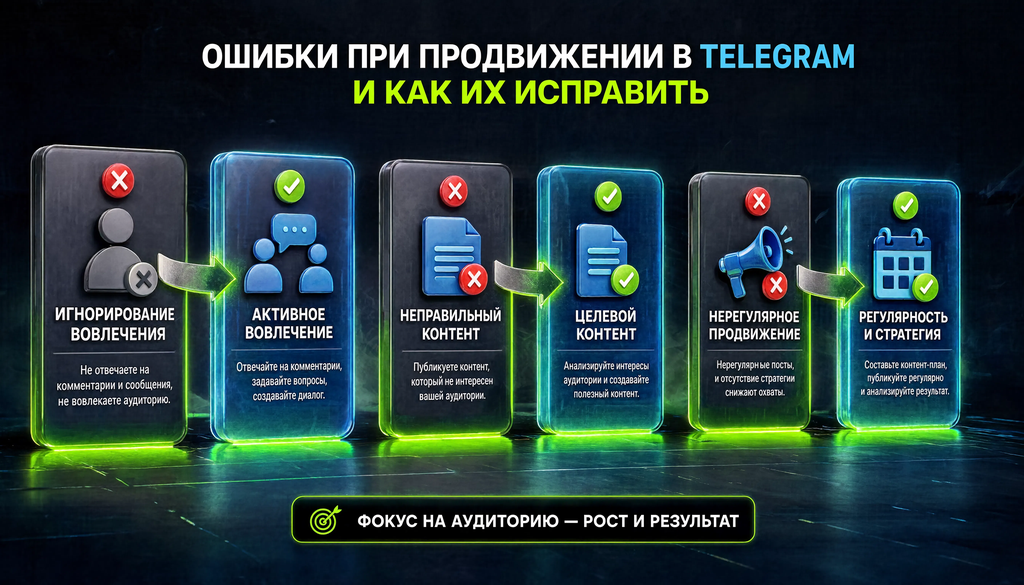 Инфографика: типичные ошибки при продвижении в Telegram и способы их избежать