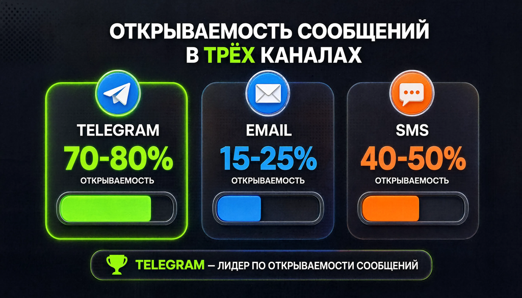 Сравнение открываемости сообщений: Telegram 70-80%, email 15-25%, SMS 40-50%.