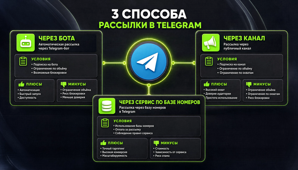 Схема сравнения трех способов рассылки в Telegram: бот, канал, сервис по базе номеров. Плюсы и минусы.