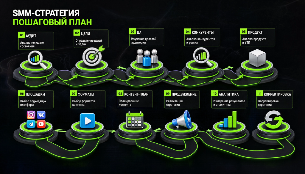 Пошаговая схема разработки SMM-стратегии: аудит, цели, ЦА, конкуренты, продукт, площадки, форматы, контент-план, продвижение, аналитика, корректировка