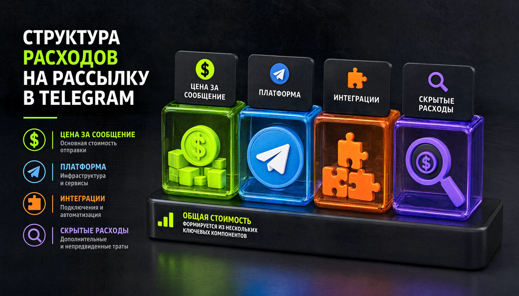 Инфографика структуры расходов на рассылку в Telegram: цена за сообщение, платформа, интеграции, скрытые расходы