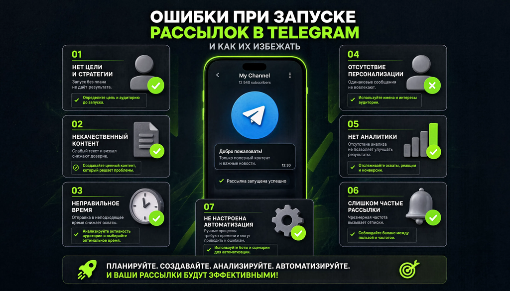 Инфографика: типичные ошибки при запуске рассылок в Telegram и способы их предотвращения