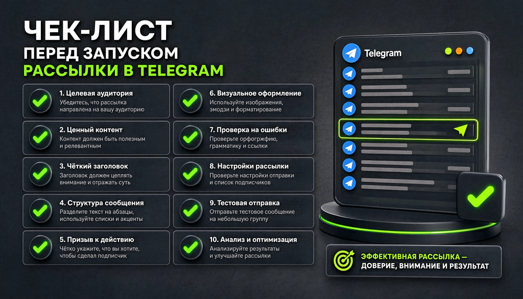 Чек-лист перед запуском рассылки в Telegram: 10 пунктов с галочками и краткими пояснениями.