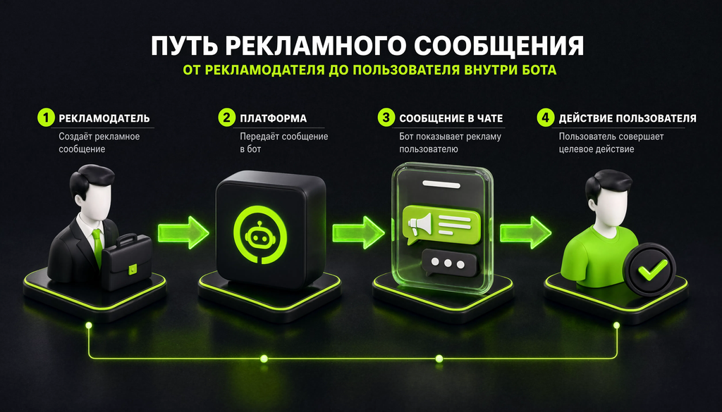 Схема пути рекламного сообщения от рекламодателя до пользователя внутри бота