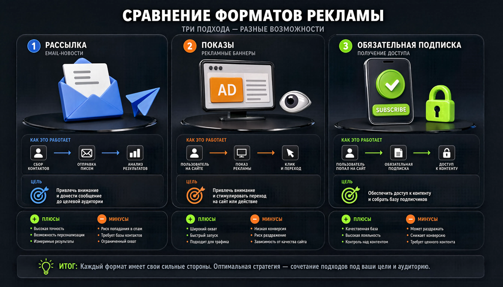 Сравнительная иллюстрация трех форматов рекламы: рассылка, показы, обязательная подписка. Схема работы, целевая задача, плюсы и минусы.