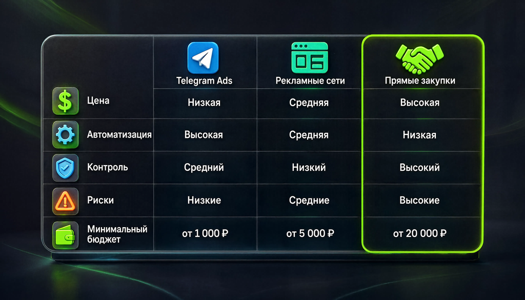 Сравнительная таблица каналов закупки: Telegram Ads, рекламные сети, прямые закупки по цене, автоматизации, контролю, рискам и минимальному бюджету