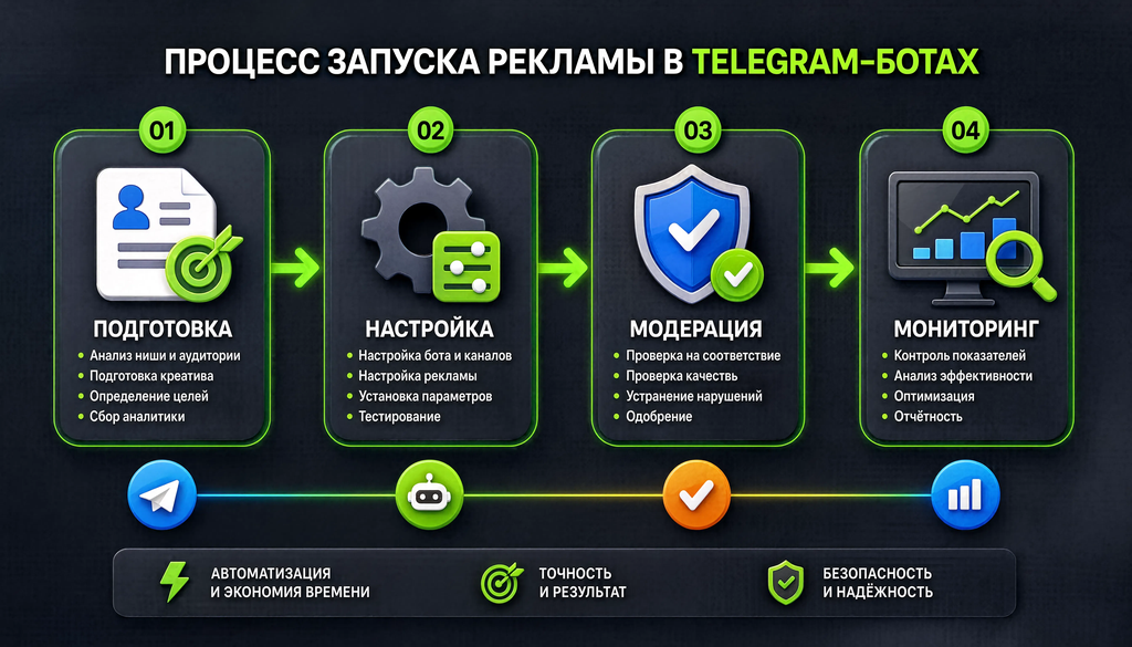 Схема этапов запуска рекламы в Telegram-ботах: подготовка, настройка, модерация, мониторинг