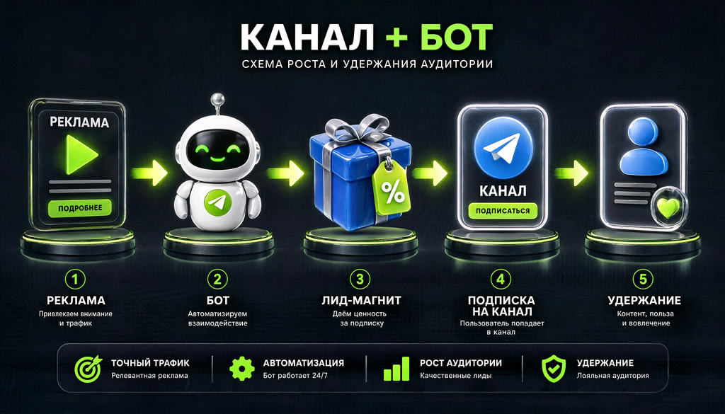 Схема связки канала и бота: реклама, бот, лид-магнит, подписка на канал, удержание