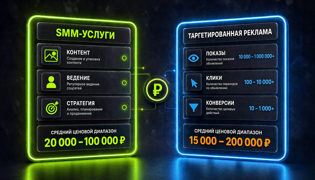 Инфографика: структура расходов на продвижение в соцсетях, включая SMM-услуги и таргетированную рекламу с ценовыми диапазонами
