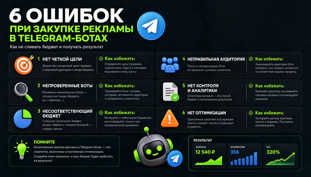 Инфографика: топ ошибок при закупке рекламы в Telegram-ботах и их последствия для бюджета