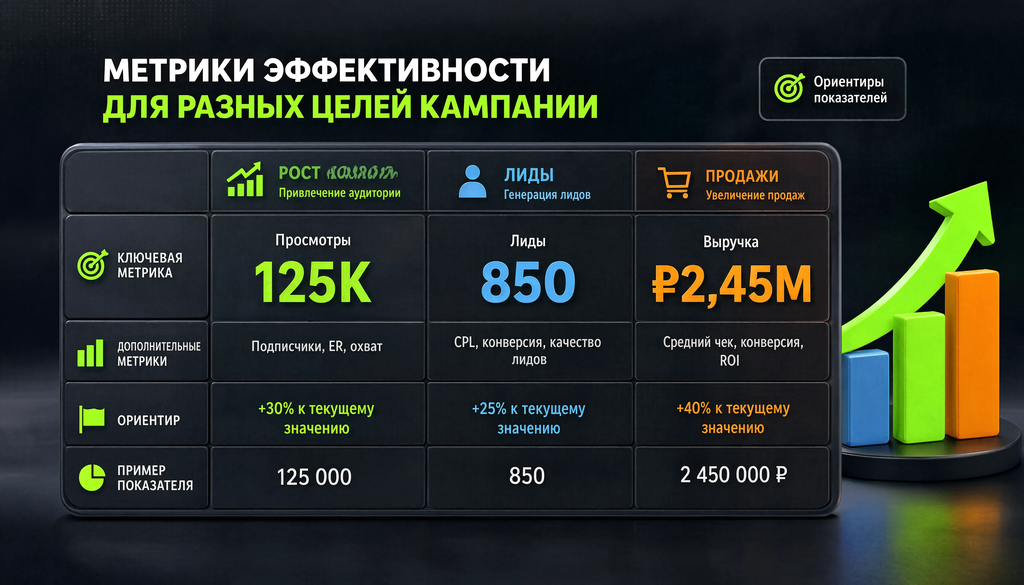 Метрики эффективности для разных целей кампании: рост канала, лиды, продажи - ключевые метрики и ориентиры