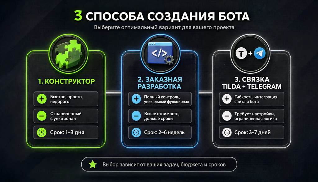 Три способа создания бота: конструктор, заказная разработка, и связка Tilda с Telegram. Сравнение плюсов, минусов и сроков запуска.