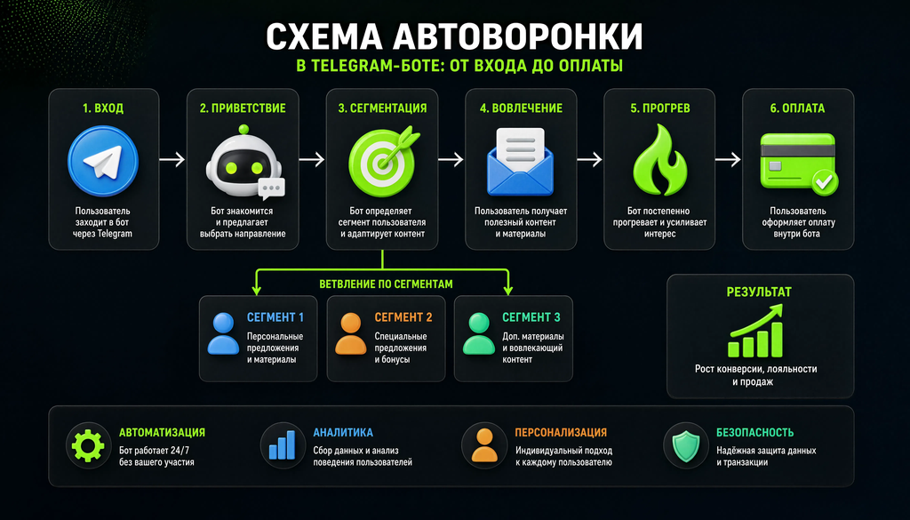 Схема автоворонки в Telegram-боте от точки входа до оплаты с ветвлениями по сегментам