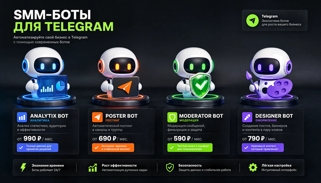 Сравнительная таблица SMM-ботов для Telegram по задачам: аналитика, постинг, модерация, оформление &mdash; указаны бот, задача, цена, ключевое преимущество для выбора инструментов