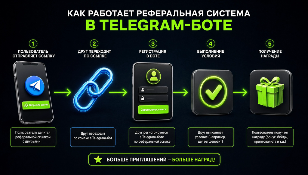 Схема работы реферальной системы в Telegram-боте: от пользователя через реферальную ссылку к регистрации друга и начислению награды