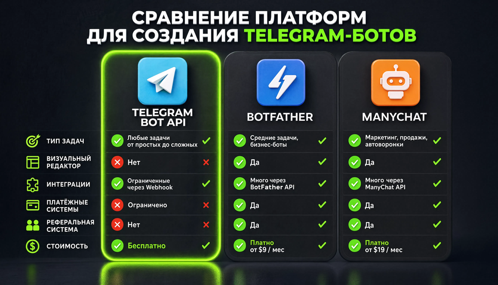 Сравнение платформ для создания Telegram-ботов: платформа, тип задач, визуальный редактор, интеграции, платёжные системы, реферальная система, стоимость