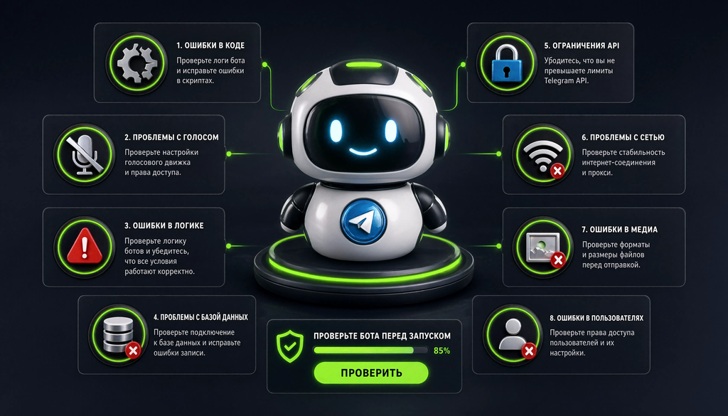 Infographic highlighting common mistakes when launching a Telegram bot and tips to avoid them