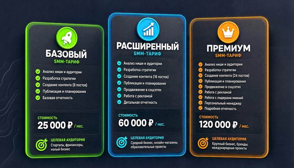 Сравнение трех тарифных планов SMM-услуг: базовый, расширенный, премиум с указанием состава, цен и целевой аудитории