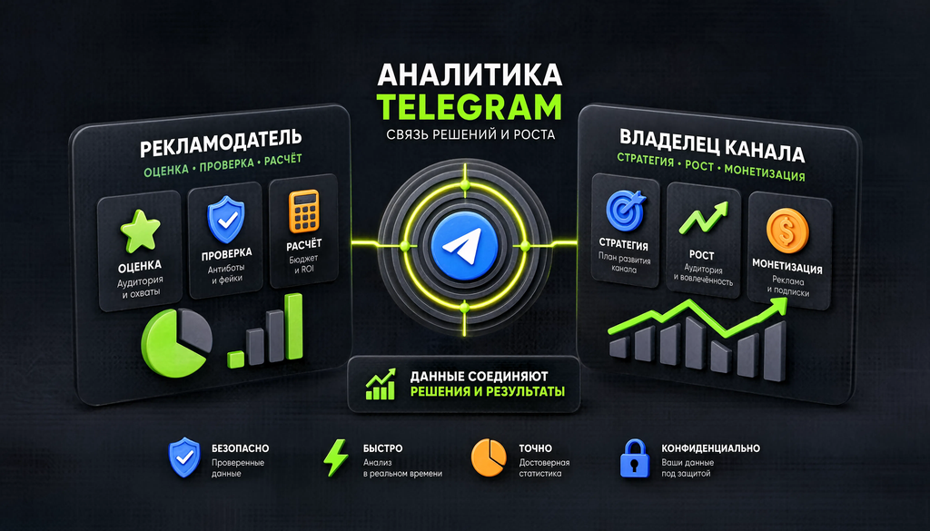 Схема аналитики Telegram: задачи рекламодателя (оценка, проверка, расчёт) и владельца канала (стратегия, рост, монетизация)