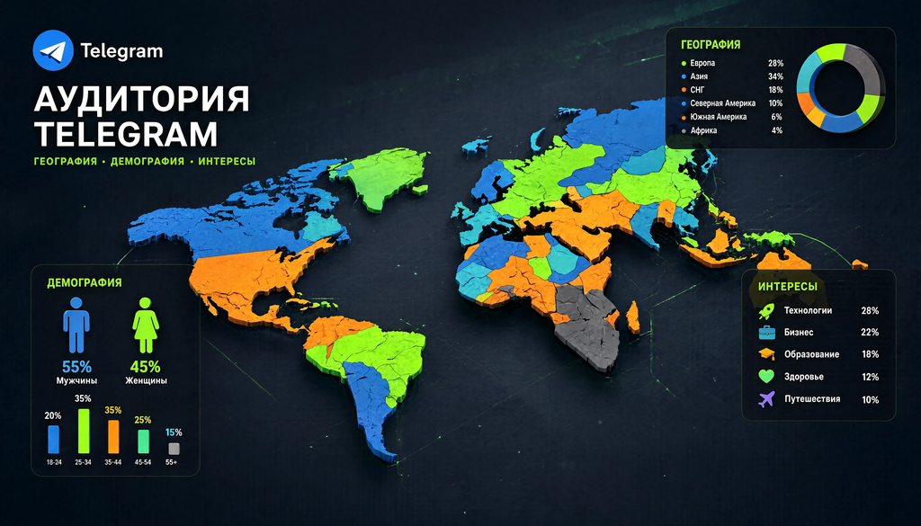 Infographic showing Telegram audience distribution by country, gender, age, and interests