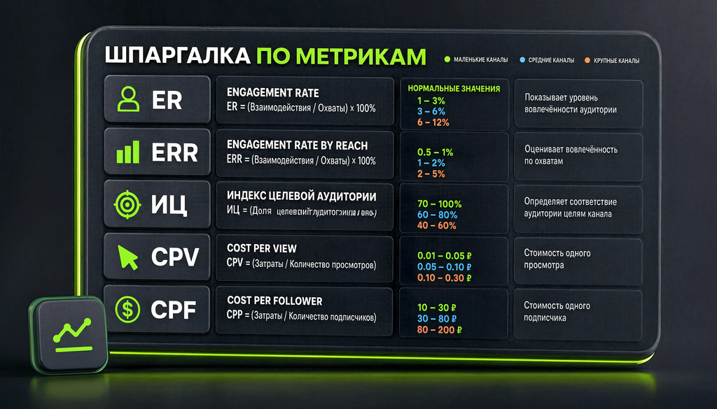 Шпаргалка по метрикам: ER, ERR, ИЦ, CPV, CPF &mdash; формулы и нормальные значения для каналов разного размера.