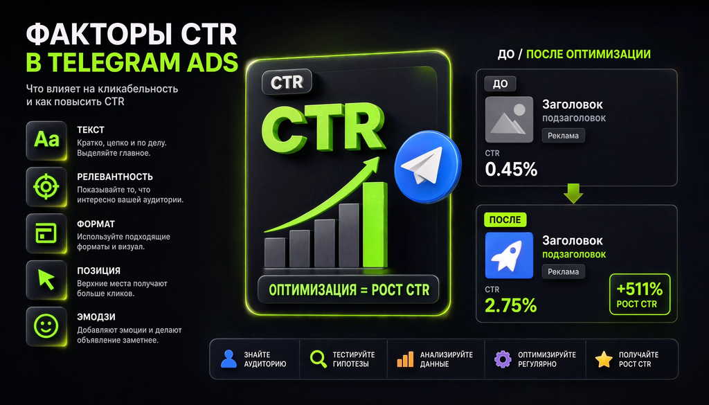 Факторы, влияющие на CTR в Telegram Ads: текст, релевантность, формат, позиция, эмодзи. Примеры до и после оптимизации для увеличения CTR.
