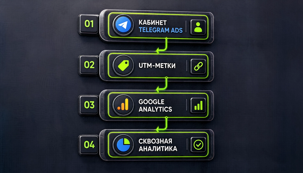 Схема сбора данных: кабинет Telegram Ads &rarr; UTM-метки &rarr; Google Analytics &rarr; сквозная аналитика. 4 уровня с инструментами.