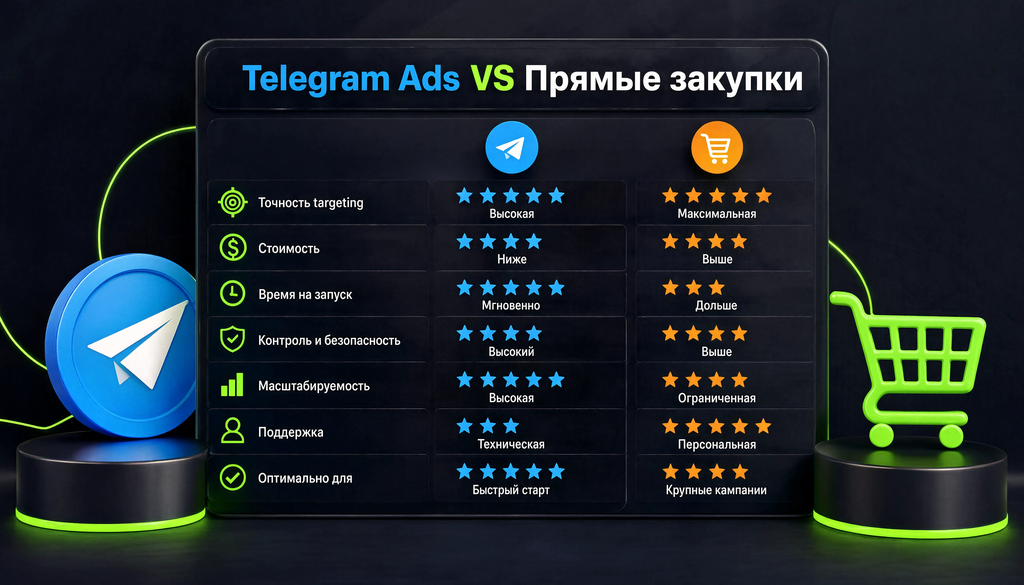 Сравнение Telegram Ads и прямых закупок по 7 критериям. Две колонки с оценками. Помогает выбрать формат под задачу.