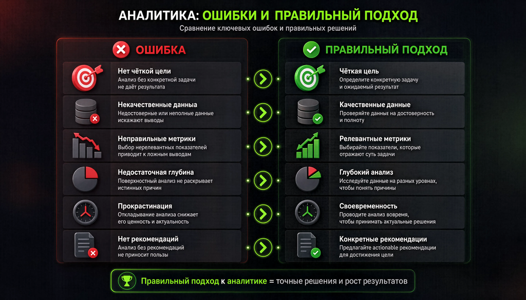 Сравнительная таблица: 5-6 ключевых ошибок аналитики и правильный подход к ним