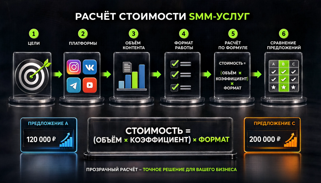 Пошаговая схема расчета стоимости SMM-услуг: цели, платформы, объем контента, формат работы, расчет по формуле, сравнение предложений.
