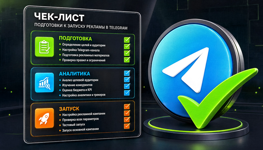 Чек-лист подготовки к запуску рекламы в Telegram с блоками подготовка, аналитика, запуск