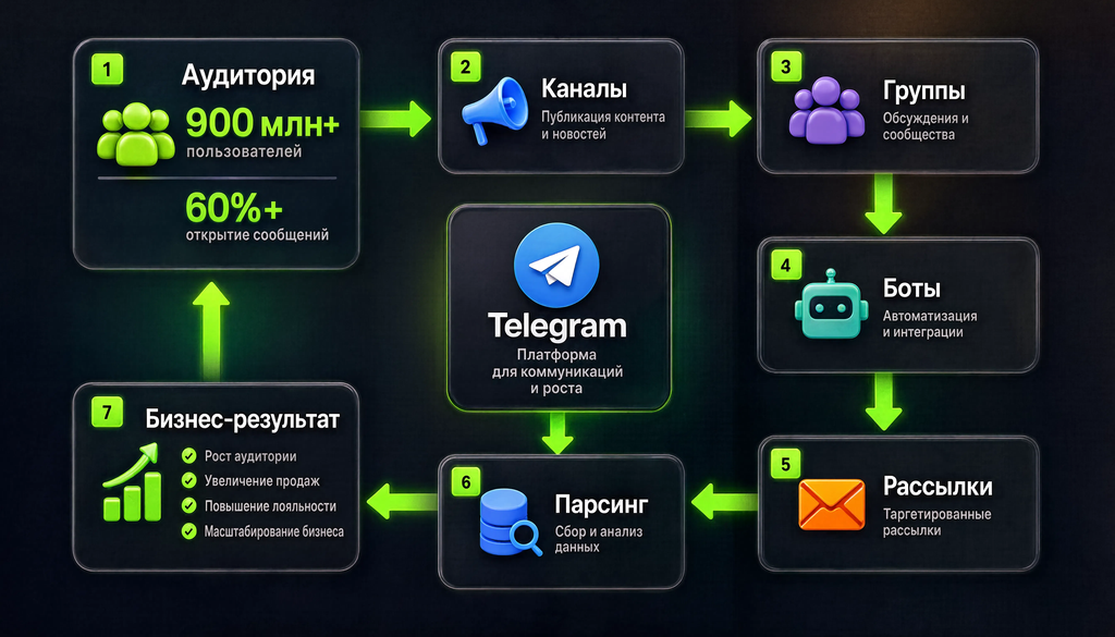 Инфографика: схема экосистемы Telegram от аудитории (900 млн+ пользователей, 60%+ открытие) через каналы, группы, боты, рассылки и парсинг к бизнес-результату