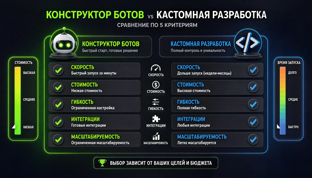 Сравнение конструктора ботов и кастомной разработки по пяти критериям: скорость, стоимость, гибкость, интеграции, масштабируемость. Две колонки с плюсами и минусами, цветовая шкала стоимости и времени запуска.
