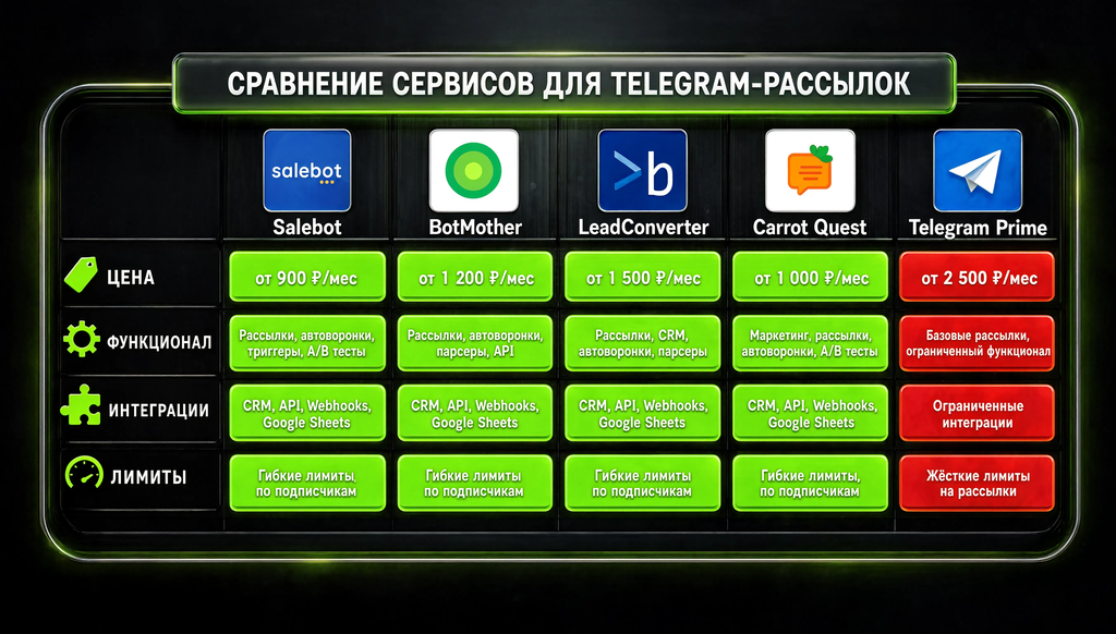 Сравнительная таблица пяти сервисов для Telegram-рассылок: Salebot, BotMother, LeadConverter, Carrot Quest, Telegram Prime — по цене, функционалу, интеграциям и лимитам. Зелёным выделены преимущества, красным — ограничения.
