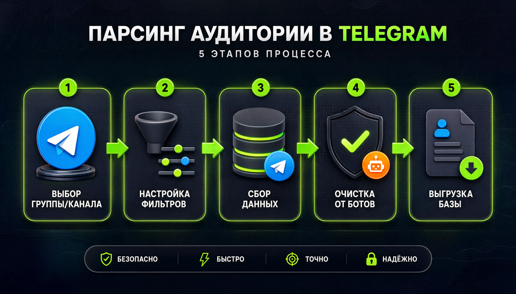 Схема процесса парсинга аудитории в Telegram: пять этапов от выбора группы до выгрузки базы