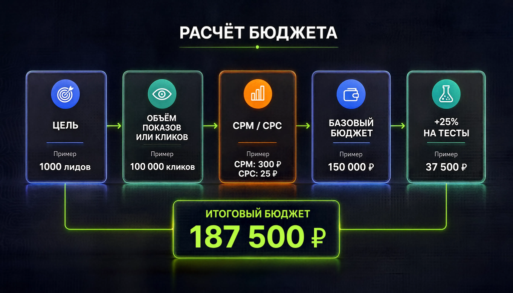 Пошаговая схема расчёта бюджета на таргетированную рекламу: от цели до итоговой суммы с примером чисел