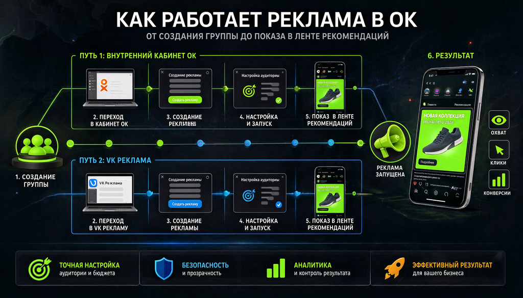Инфографика: схема работы рекламы в ОК от создания группы до показа в ленте рекомендаций, два пути запуска через внутренний кабинет и VK Рекламу