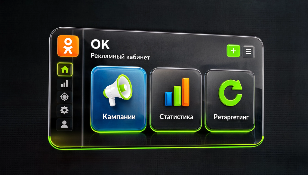 Главная страница рекламного кабинета ОК с разделами Кампании, Статистика, Ретаргетинг