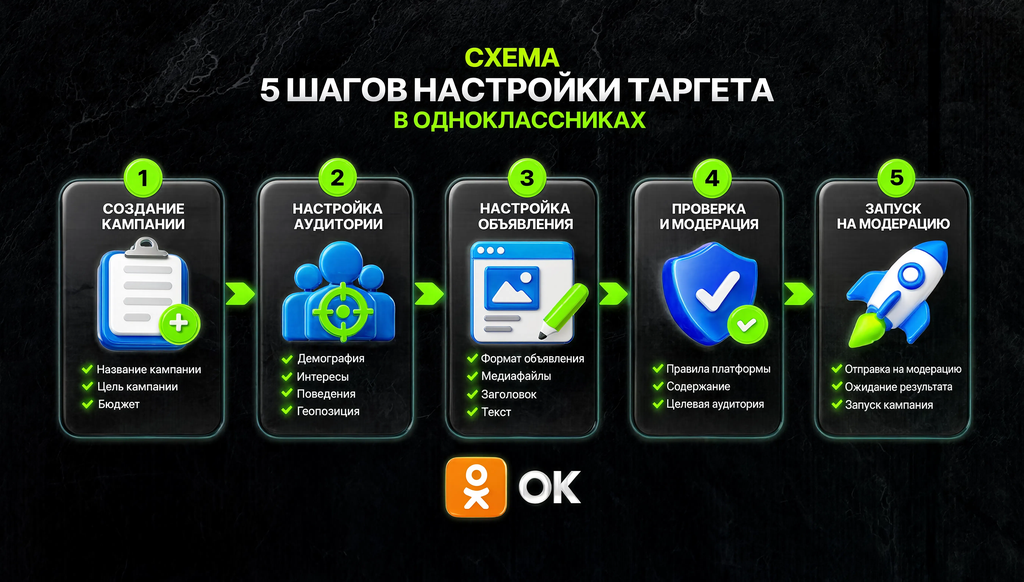 Схема пяти шагов настройки таргетинговой рекламы в Одноклассниках от создания кампании до модерации с ключевыми настройками