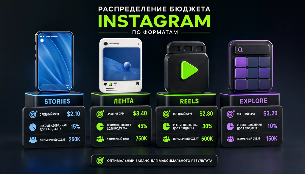 Инфографика распределения бюджета на рекламу в Instagram по форматам: Stories, лента, Reels, Explore с указанием среднего CPM, рекомендованной доли бюджета и примерного охвата.