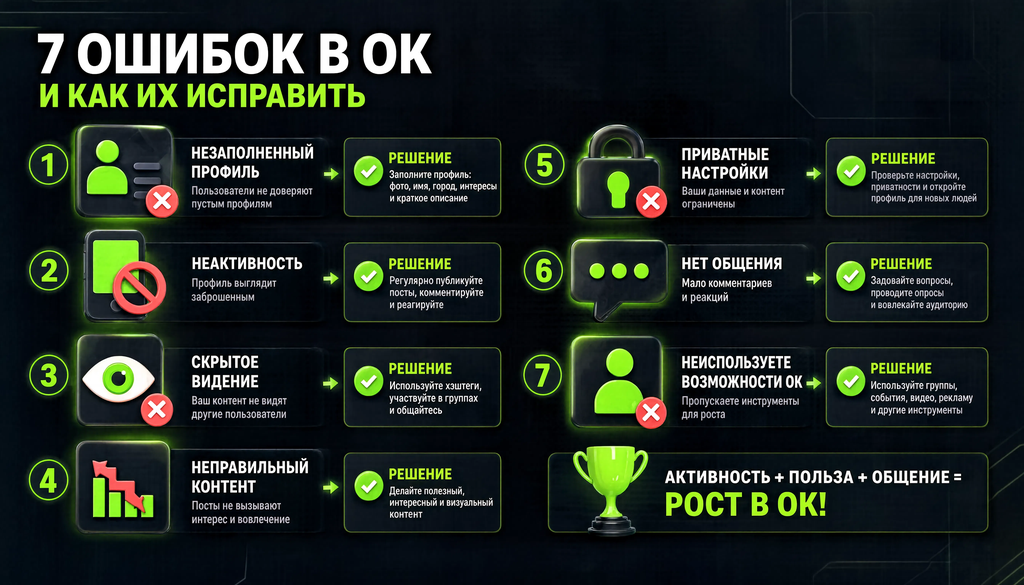 Инфографика: семь типичных ошибок в рекламе в Одноклассниках с иконками и решениями для каждой