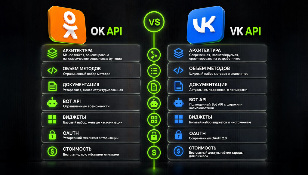 Сравнение API Одноклассников и ВКонтакте по ключевым параметрам: архитектура, объём методов, документация, Bot API, виджеты, OAuth, стоимость