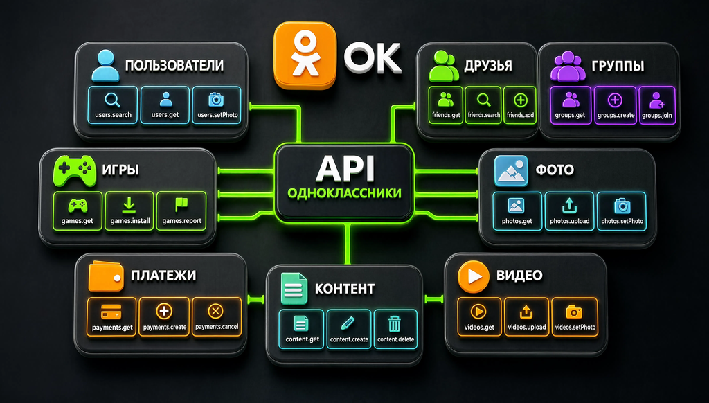 Инфографика с картой категорий и методов API Одноклассников, включая пользователей, друзей, группы, фото, видео, контент, платежи и игры