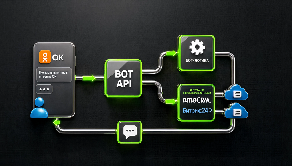 Схема архитектуры работы Bot API с интеграцией CRM систем amoCRM и Битрикс24