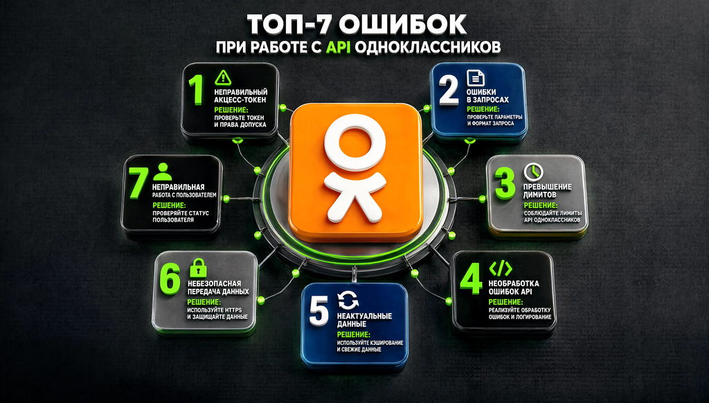 Инфографика: Топ-7 ошибок при работе с API Одноклассников с причинами и решениями